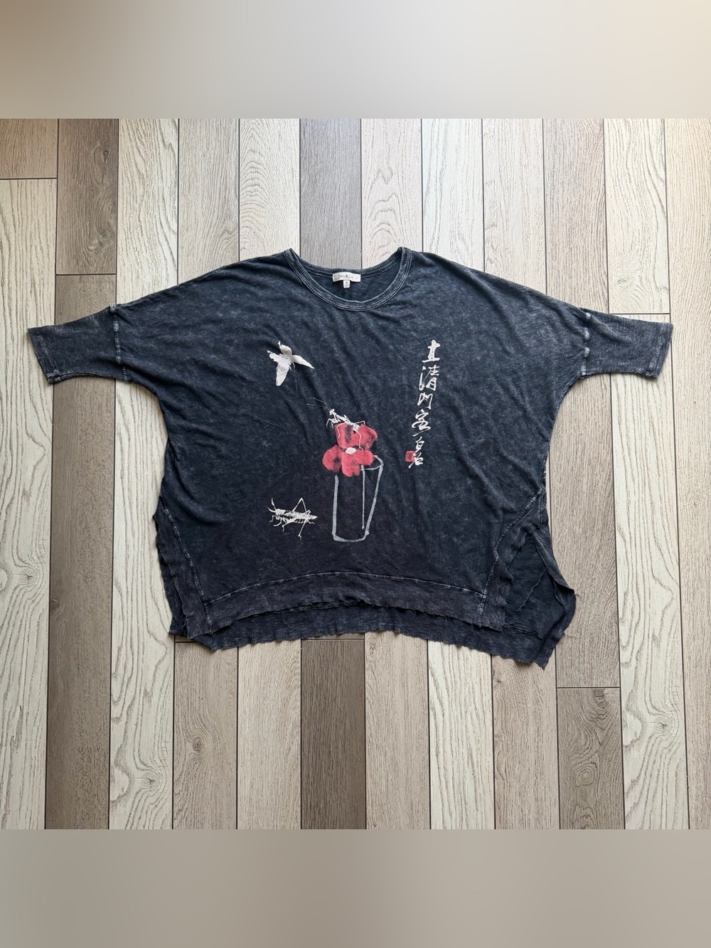 Jess & Jane Washed Black Oversized Graphic Tee with Red Floral M